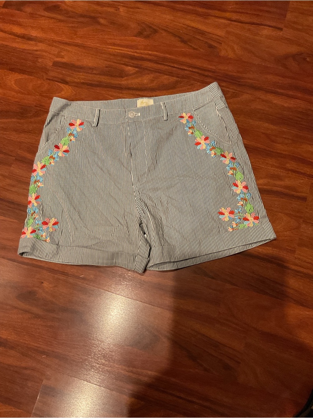 Women’s Layerz Clothing Railroad Striped Shorts with Floral Embroidery Large NWT